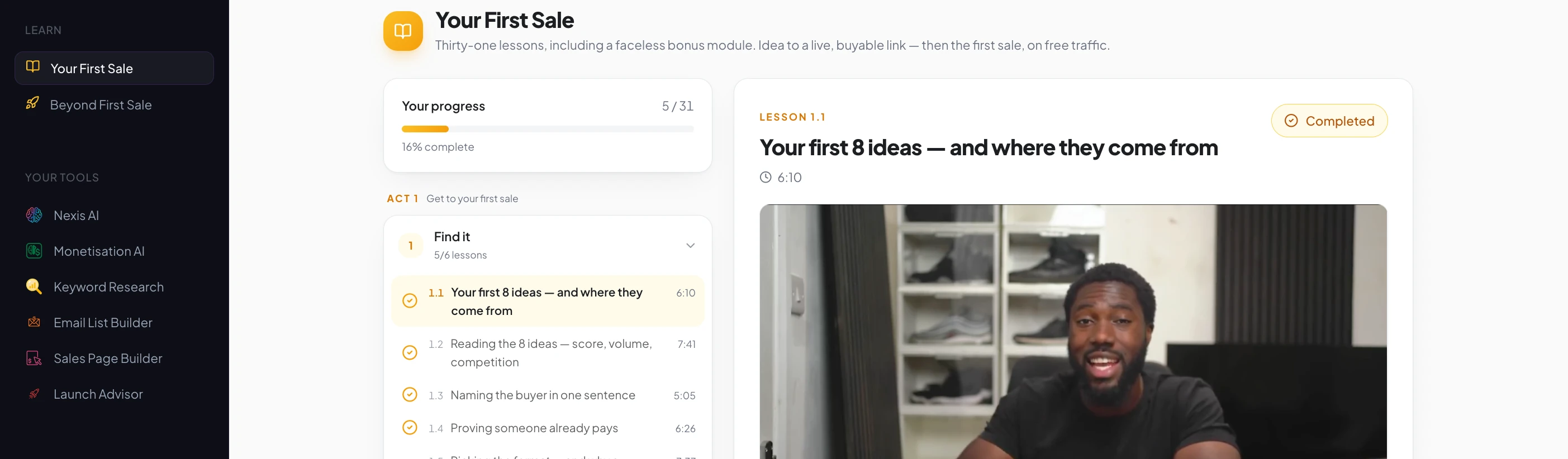 The Your First Sale course open inside Obteno β lesson 1.1 playing, with Beyond First Sale listed beneath it